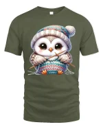 Cute Knitting Owl Wearing Winter Hat Cozy Graphic Tee Tshirt - military green t-shirt on white background