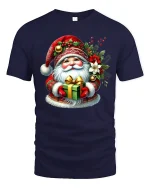 Cute Santa Holding Gift Festive Christmas Graphic Tee Tshirt - navy t-shirt on white background