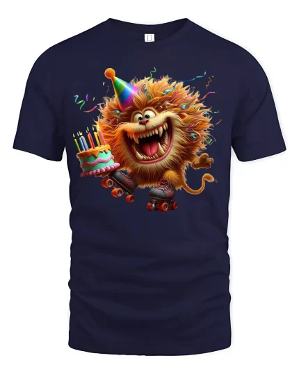 Funny Party Lion On Roller Skates Birthday Graphic Tee Tshirt - navy t-shirt on white background