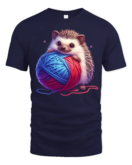 Cute Hedgehog Holding Yarn Cozy Craft Graphic Tee Tshirt - navy t-shirt on white background