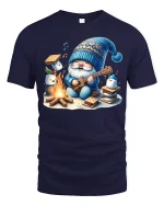 Cute Campfire Gnome Playing Ukulele Cozy Graphic Tee Tshirt - navy t-shirt on white background