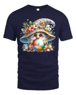 Cute Beach Gnome Holding Colorful Ball Summer Graphic Tee Tshirt - navy t-shirt on white background