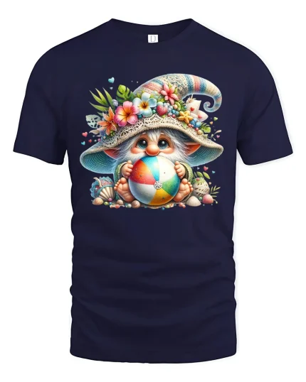 Cute Beach Gnome Holding Colorful Ball Summer Graphic Tee Tshirt - navy t-shirt on white background