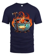 Angry Fire Cauldron Cartoon Fantasy Graphic Tee Tshirt - navy t-shirt on white background