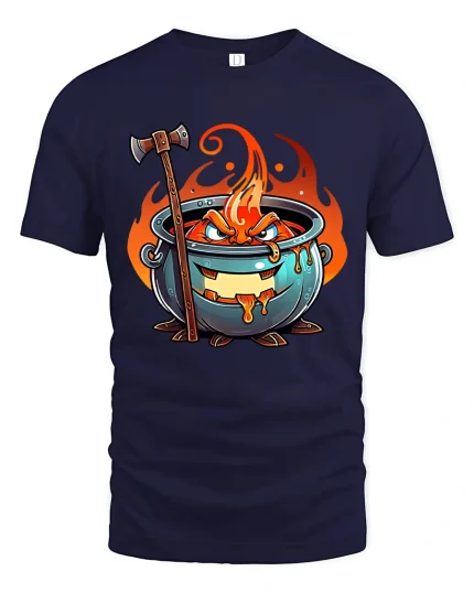 Angry Fire Cauldron Cartoon Fantasy Graphic Tee Tshirt - navy t-shirt on white background