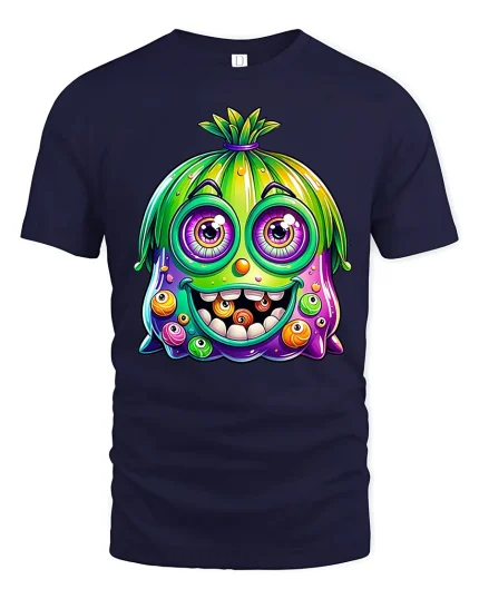 Funny Cute Colorful Monster Face Cartoon Graphic Tee Tshirt - navy t-shirt on white background