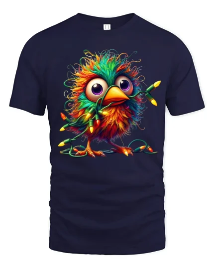 Funny Colorful Bird Tangled In Christmas Lights Graphic Tee Tshirt - navy t-shirt on white background