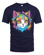 Colorful DJ Cat Wearing Headphones Pop Art Graphic Tee Tshirt - navy t-shirt on white background