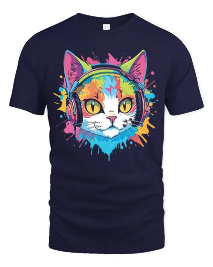 Colorful DJ Cat Wearing Headphones Pop Art Graphic Tee Tshirt - navy t-shirt on white background