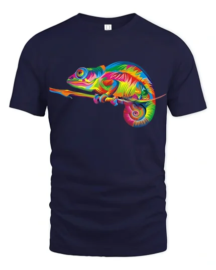 Colorful Chameleon Art Graphic Vibrant Nature Tee Tshirt - navy t-shirt on white background