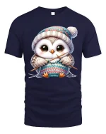 Cute Knitting Owl Wearing Winter Hat Cozy Graphic Tee Tshirt - navy t-shirt on white background