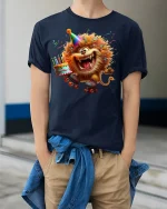 Funny Party Lion On Roller Skates Birthday Graphic Tee Tshirt - model wearing navy tee with hands in pockets