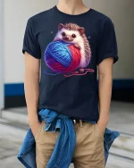Cute Hedgehog Holding Yarn Cozy Craft Graphic Tee Tshirt - model wearing navy tee with hands in pockets