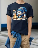 Cute Campfire Gnome Playing Ukulele Cozy Graphic Tee Tshirt - model wearing navy tee with hands in pockets