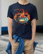 Angry Fire Cauldron Cartoon Fantasy Graphic Tee Tshirt - model wearing navy tee with hands in pockets