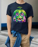Funny Cute Colorful Monster Face Cartoon Graphic Tee Tshirt - model wearing navy tee with hands in pockets
