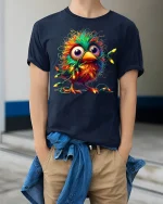 Funny Colorful Bird Tangled In Christmas Lights Graphic Tee Tshirt - model wearing navy tee with hands in pockets