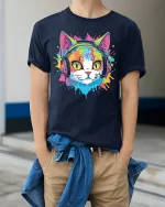 Colorful DJ Cat Wearing Headphones Pop Art Graphic Tee Tshirt - model wearing navy tee with hands in pockets