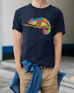 Colorful Chameleon Art Graphic Vibrant Nature Tee Tshirt - model wearing navy tee with hands in pockets