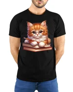 Cute Smart Cat Reading Books Graphic Tee Tshirt Art Design - model wearing black tee with hands behind back