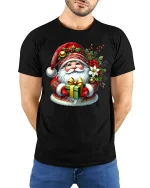 Cute Santa Holding Gift Festive Christmas Graphic Tee Tshirt - model wearing black tee with hands behind back