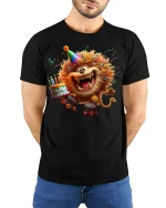Funny Party Lion On Roller Skates Birthday Graphic Tee Tshirt - model wearing black tee with hands behind back