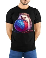 Cute Hedgehog Holding Yarn Cozy Craft Graphic Tee Tshirt - model wearing black tee with hands behind back