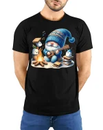 Cute Campfire Gnome Playing Ukulele Cozy Graphic Tee Tshirt - model wearing black tee with hands behind back