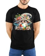 Cute Beach Gnome Holding Colorful Ball Summer Graphic Tee Tshirt - model wearing black tee with hands behind back