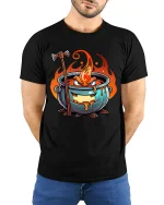 Angry Fire Cauldron Cartoon Fantasy Graphic Tee Tshirt - model wearing black tee with hands behind back