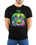 Funny Cute Colorful Monster Face Cartoon Graphic Tee Tshirt - model wearing black tee with hands behind back