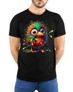 Funny Colorful Bird Tangled In Christmas Lights Graphic Tee Tshirt - model wearing black tee with hands behind back