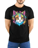 Colorful DJ Cat Wearing Headphones Pop Art Graphic Tee Tshirt - model wearing black tee with hands behind back