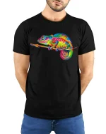 Colorful Chameleon Art Graphic Vibrant Nature Tee Tshirt - model wearing black tee with hands behind back