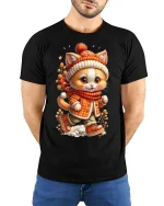 Cute Cozy Winter Cat Walking In Outfit Graphic Tee Tshirt - model wearing black tee with hands behind back