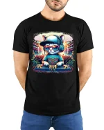 Funny DJ Cat Wearing Headphones Music Graphic Tee Tshirt - model wearing black tee with hands behind back