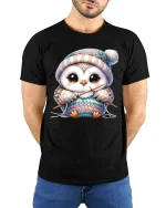 Cute Knitting Owl Wearing Winter Hat Cozy Graphic Tee Tshirt - model wearing black tee with hands behind back