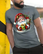 Cute Santa Holding Gift Festive Christmas Graphic Tee Tshirt - model wearing grey tee, leaning on column
