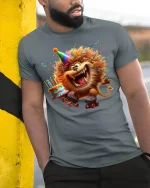 Funny Party Lion On Roller Skates Birthday Graphic Tee Tshirt - model wearing grey tee, leaning on column