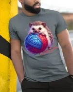Cute Hedgehog Holding Yarn Cozy Craft Graphic Tee Tshirt - model wearing grey tee, leaning on column