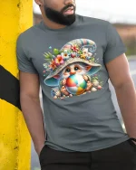 Cute Beach Gnome Holding Colorful Ball Summer Graphic Tee Tshirt - model wearing grey tee, leaning on column