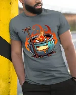 Angry Fire Cauldron Cartoon Fantasy Graphic Tee Tshirt - model wearing grey tee, leaning on column