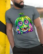 Funny Cute Colorful Monster Face Cartoon Graphic Tee Tshirt - model wearing grey tee, leaning on column