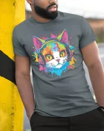 Colorful DJ Cat Wearing Headphones Pop Art Graphic Tee Tshirt - model wearing grey tee, leaning on column