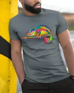 Colorful Chameleon Art Graphic Vibrant Nature Tee Tshirt - model wearing grey tee, leaning on column