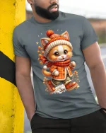 Cute Cozy Winter Cat Walking In Outfit Graphic Tee Tshirt - model wearing grey tee, leaning on column