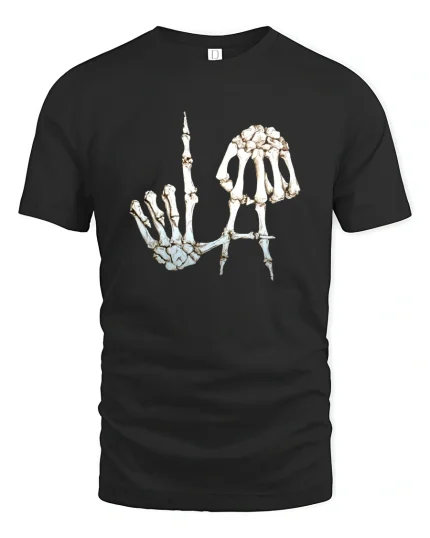 Skeleton Hand Letter Art Dark Humor Graphic Tee Tshirt - black t-shirt on white background