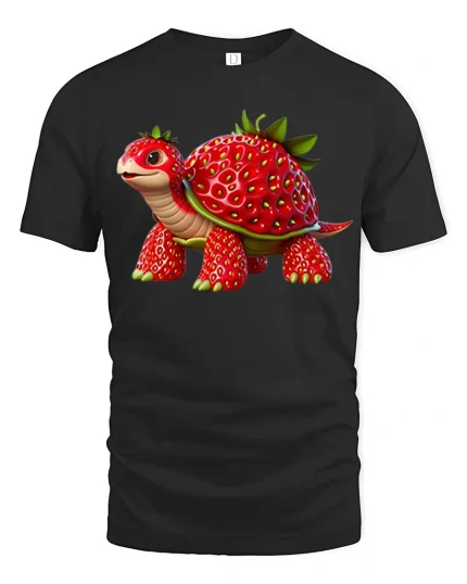 Cute Strawberry Turtle Fantasy Animal Illustration Graphic Tee - black t-shirt on white background