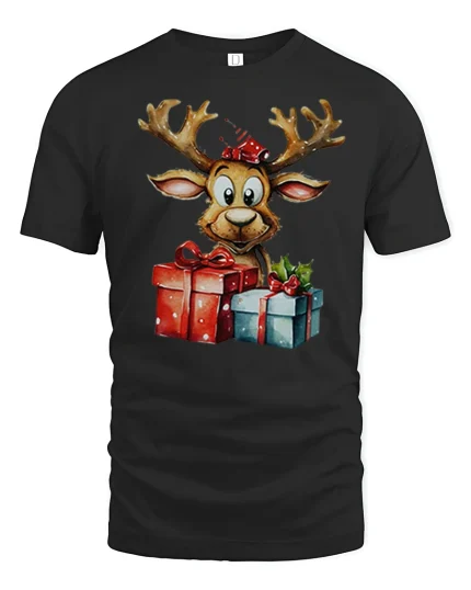 Cute Christmas Reindeer Holding Gifts Adorable Holiday Cartoon Tee - black t-shirt on white background