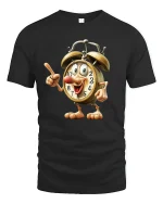 Funny Alarm Clock Character Time Humor Cartoon Tee Tshirt - black t-shirt on white background